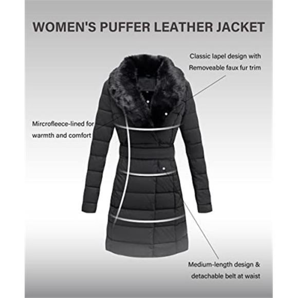 Women's Puffer Jacket Faux Leather Bubble Padding Sherpa-Lined Coat, Black - Picture 3 of 6